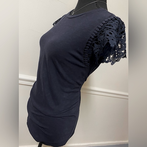 LOFT Navy Blue Short Sleeve Shirt With Lace Cutout Sleeves - Picture 8 of 10